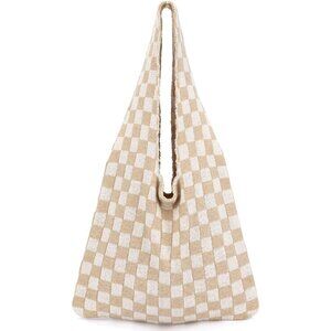 Khaki Checkered Crochet Beach Tote for Women Summer Casual Vintage Stylish Large